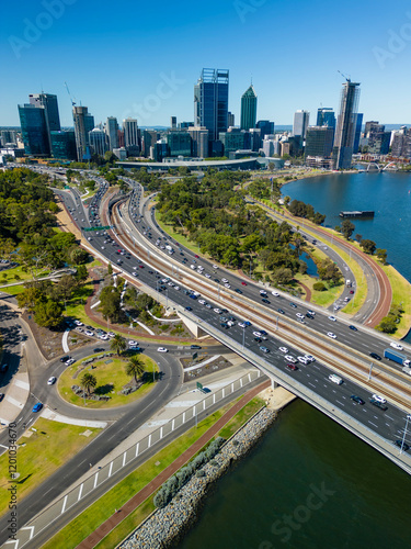 Aerial vertical view of Perth city and highway traffic in Australia