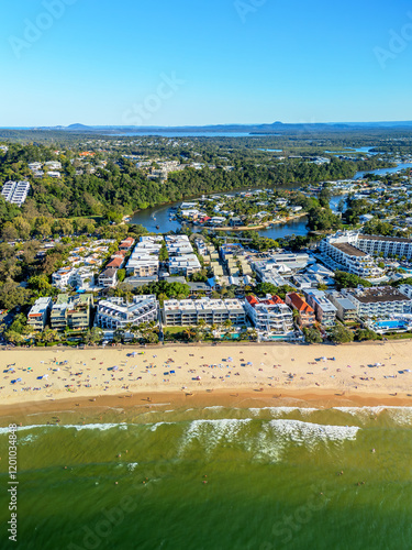 Aerial vertical shot of Noosa Main Beach in Queensland, Australia
