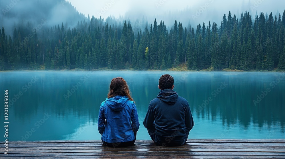 Couple Sitting on Rustic Wooden Dock by Serene Mountain Lake Couple Sitting on Rustic Wooden Dock by Serene Mountain Lake