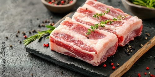 Fresh pork belly cuts elegantly presented on a black slate with herbs and peppercorns surrounding them against a textured dark background.