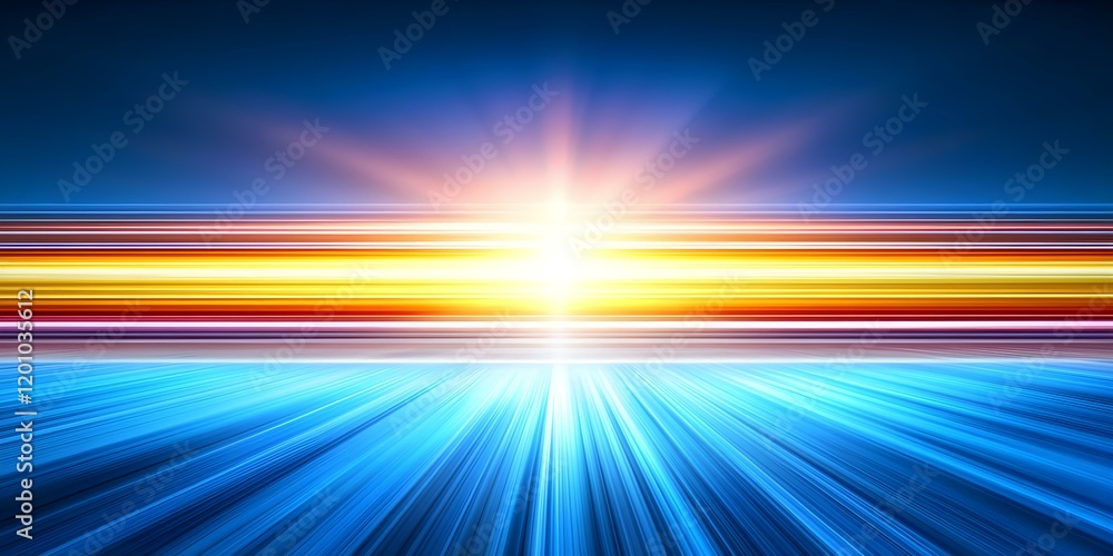 Obraz premium A vibrant abstract landscape with radiant beams of light in hues of orange, yellow, and blue, creating a dynamic and energetic effect. Concept Vibrant Abstract Landscape, Radiant Light Beams