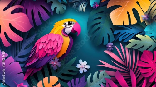 Colorful parrot surrounded by tropical leaves and flowers in a vibrant artistic design photo