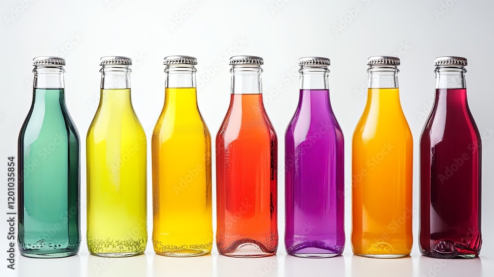 A sparkling collection of glass bottles filled with fresh juices in various colors A sparkling collection of glass bottles filled with fresh juices in various colors