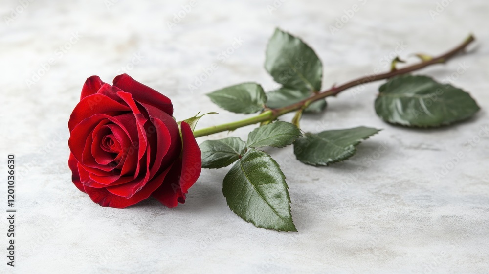 Red Rose with Green Leaves on Marble Surface for Romantic Themes Red Rose with Green Leaves on Marble Surface for Romantic Themes