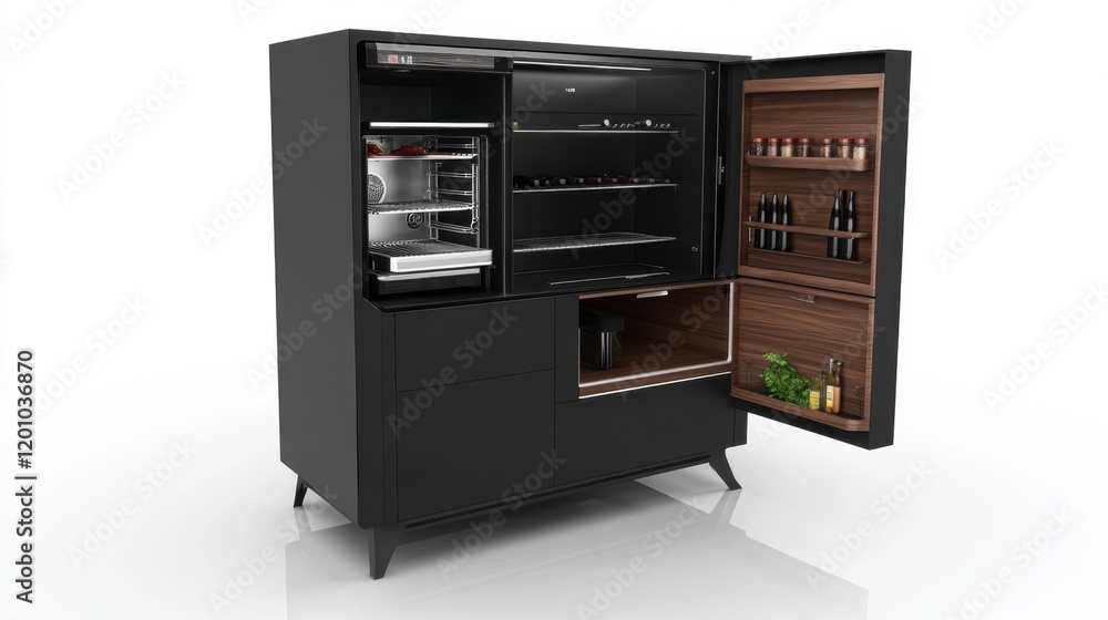 A compact modern kitchen with smart storage solutions, a built-in oven, and an efficient, minimalist design. A compact modern kitchen with smart storage solutions, a built-in oven, and an efficient, minimalist design.