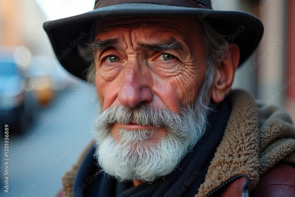 Elderly Man with Gray Beard and Hat in Urban Setting Elderly Man with Gray Beard and Hat in Urban Setting