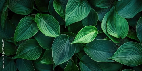 Lush dark green hosta leaves densely arranged in a full frame, showcasing various shades and intricate textures for a vibrant natural backdrop.