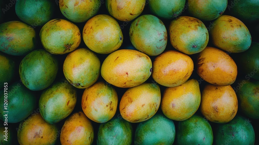 Fresh Mangoes in Vibrant Green and Yellow Tones on Display Fresh Mangoes in Vibrant Green and Yellow Tones on Display