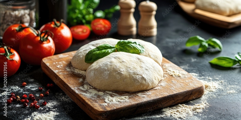 Fototapeta premium Raw pizza dough on a wooden board with fresh basil, surrounded by red tomatoes, peppercorns, and herbs, creating a vibrant Italian cooking scene.