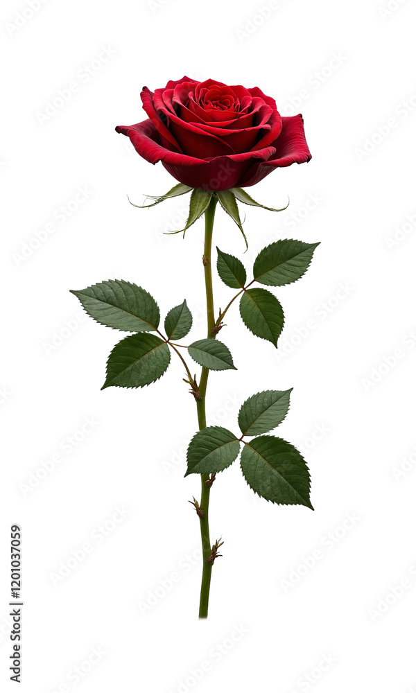 Obraz premium Red rose with green leaves on transparent background