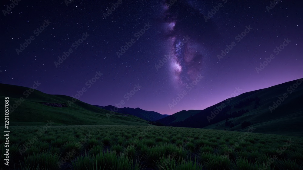A serene grassy field stretches before majestic mountains under a mesmerizing deep-purple sky, inviting tranquility into the scene's vastness A serene grassy field stretches before majestic mountains under a mesmerizing deep-purple sky, inviting tranquility into the scene's vastness