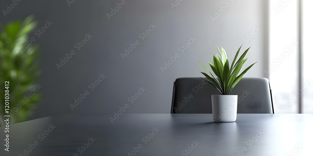 A minimalist indoor setting featuring a small potted plant on a table with a dark background and a chair beside it. Concept Minimalist Design, Indoor Decor, Potted Plants, Dark Background