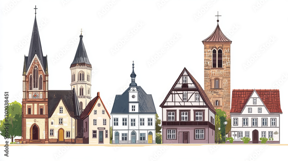 Germany landmarks architecture, buildings and cathedrals of German Saxony cities, vector icons. St Cyriacus church, Duderstadt Westerturm, Gottingen rathaus and Rats Apotheke fachwerk house in Einbeck Germany landmarks architecture, buildings and cathedrals of German Saxony cities, vector icons. St Cyriacus church, Duderstadt Westerturm, Gottingen rathaus and Rats Apotheke fachwerk house in Einbeck