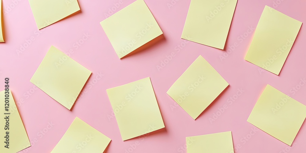 Collection of vacant yellow sticky notes scattered across a soft pink surface showcasing blank reminders with gentle shadows for depth and texture Collection of vacant yellow sticky notes scattered across a soft pink surface showcasing blank reminders with gentle shadows for depth and texture