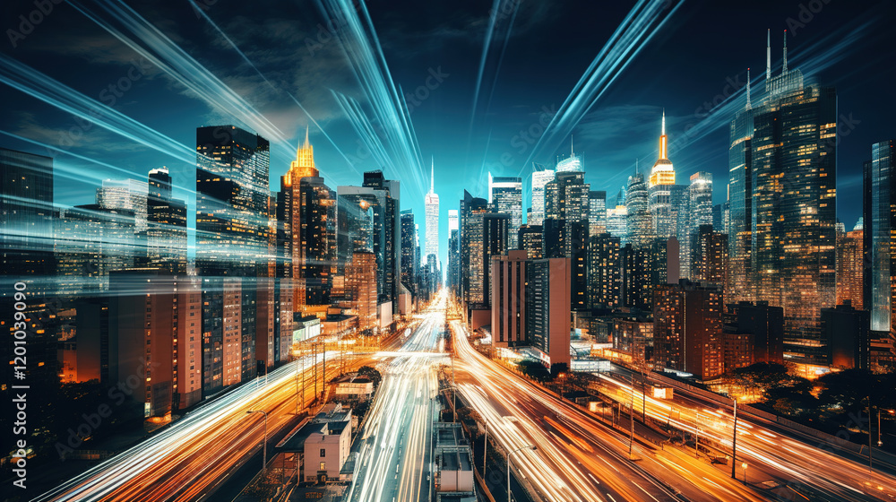 Obraz premium Dynamic Night Cityscape with Light Trails