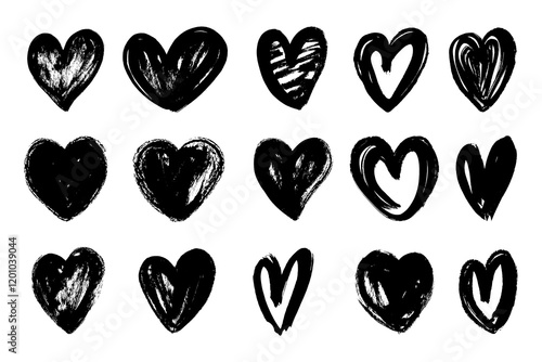 Grunge hearts icons. Scribble ink grunge heart shapes. Hearts icons set hand draw with markers