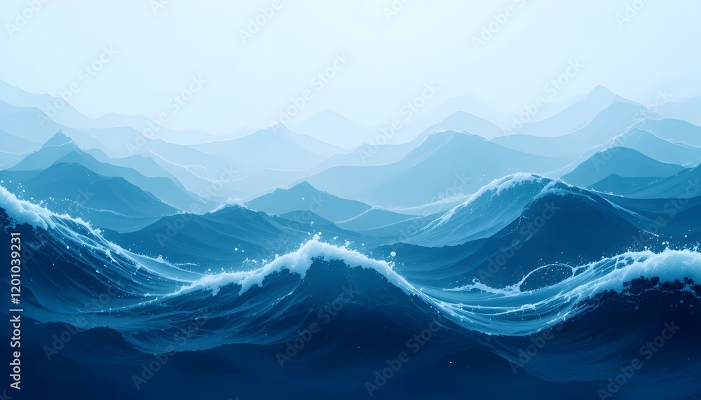 Fototapeta premium Abstract ocean waves with deep blue gradients and white foam patterns. Banner for marine themes, travel branding, and water-inspired designs.