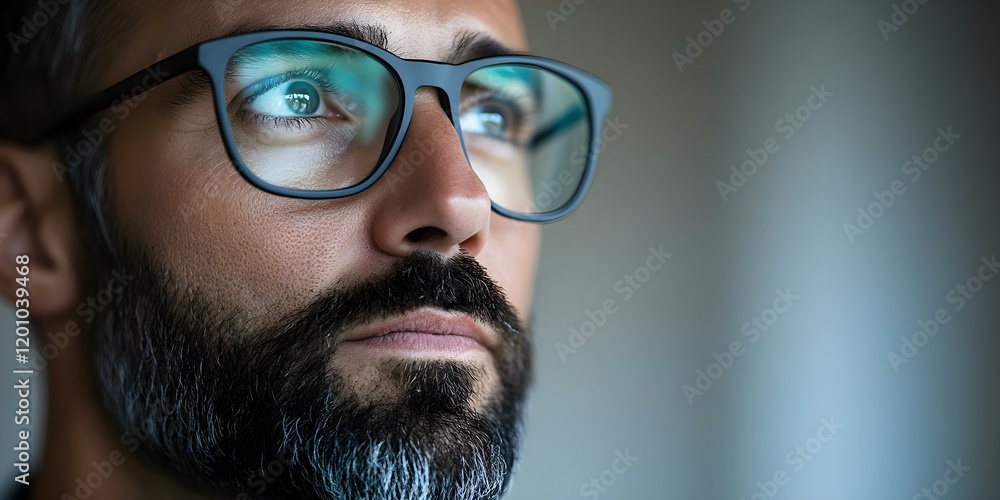 A close-up of a thoughtful man with glasses, showcasing his facial features and a contemplative expression. Concept Thoughtful Man Portrait, Close-Up Photography, Facial Features A close-up of a thoughtful man with glasses, showcasing his facial features and a contemplative expression. Concept Thoughtful Man Portrait, Close-Up Photography, Facial Features