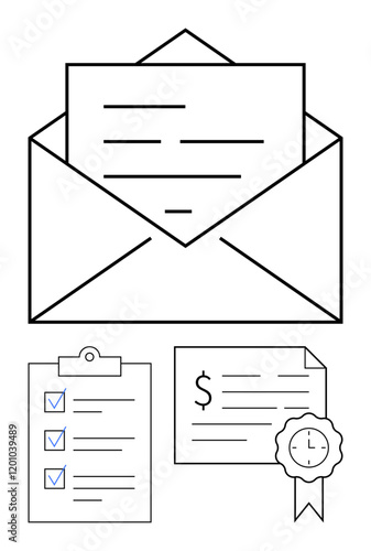 Open envelope containing a letter, a checklist with checkmarks on a clipboard, and a certified financial document with a clock seal. Ideal for communication, organization, finance, business