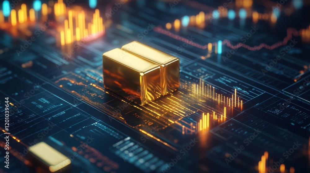 A futuristic display of gold market trends with augmented reality features, highlighting innovation in financial analysis. A futuristic display of gold market trends with augmented reality features, highlighting innovation in financial analysis.