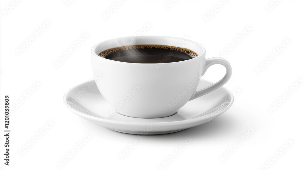 Warm Cup of Coffee with Saucer on White Background Warm Cup of Coffee with Saucer on White Background
