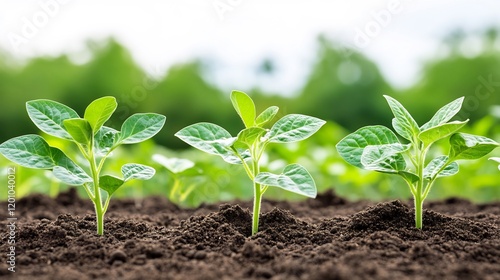 Young plants growing in soil, bright background, agriculture