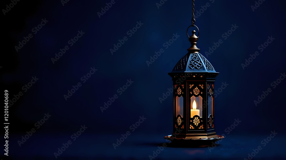 lantern with a lit candle inside, hanging against a dark blue background with bokeh lights, evoking a sense of warmth and tradition lantern with a lit candle inside, hanging against a dark blue background with bokeh lights, evoking a sense of warmth and tradition
