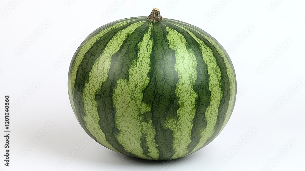 Ripe Watermelon with Striped Green Skin on Light Background Ripe Watermelon with Striped Green Skin on Light Background