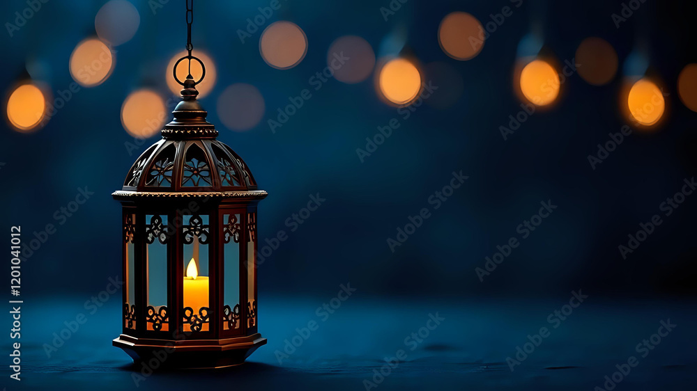 lantern with a lit candle inside, hanging against a dark blue background with bokeh lights, evoking a sense of warmth and tradition lantern with a lit candle inside, hanging against a dark blue background with bokeh lights, evoking a sense of warmth and tradition