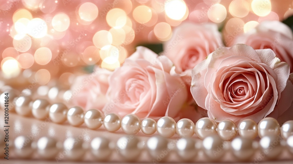 Delicate Pink Roses with Pearls on Soft Background Bokeh Effect Delicate Pink Roses with Pearls on Soft Background Bokeh Effect