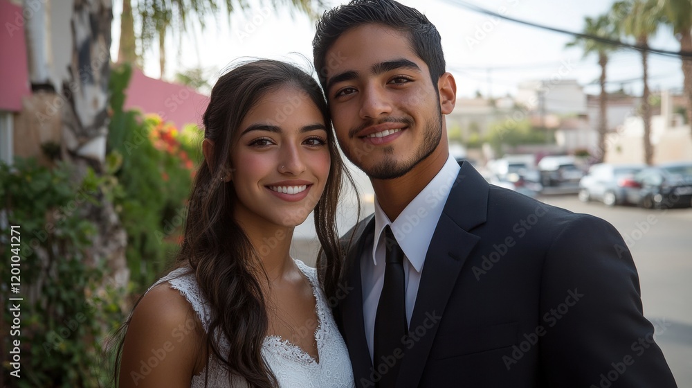 Young couple in formal attire smiling outdoors with sunny backdrop Young couple in formal attire smiling outdoors with sunny backdrop