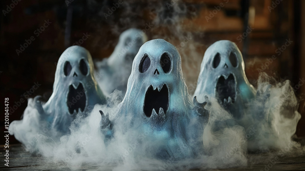 Realistic scary Halloween ghosts. Isolated 3d vector set of scary transparent white ghoul or spirit silhouettes with spooky faces. Horror holiday flying phantoms or nightmare shadows, foggy figures Realistic scary Halloween ghosts. Isolated 3d vector set of scary transparent white ghoul or spirit silhouettes with spooky faces. Horror holiday flying phantoms or nightmare shadows, foggy figures