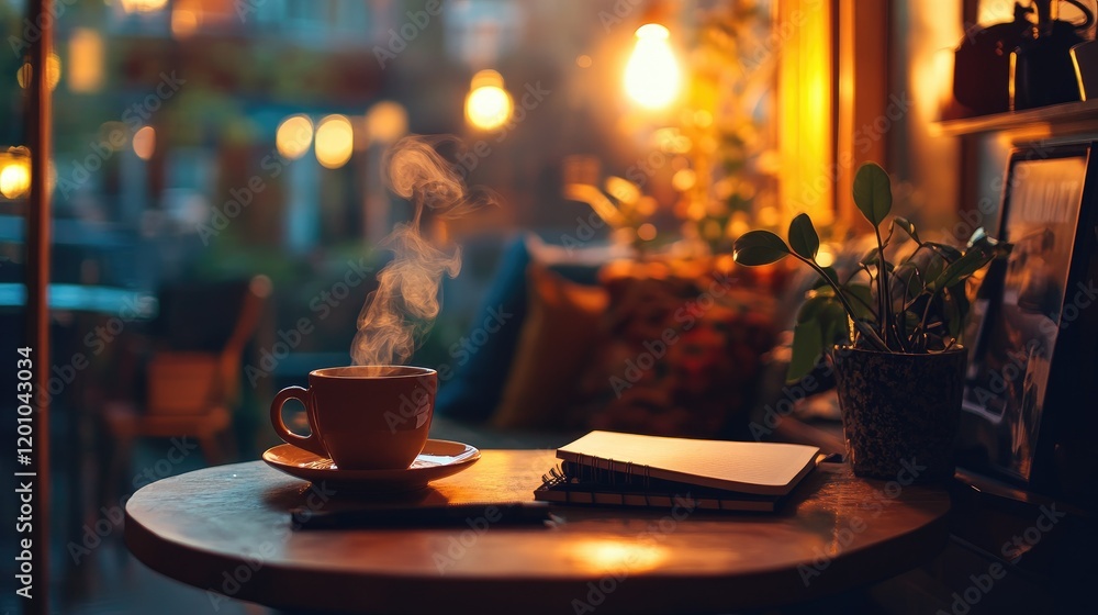 A charming cafe corner with warm-toned lights, a steaming coffee cup, and a notebook on a table, perfect for work or leisure A charming cafe corner with warm-toned lights, a steaming coffee cup, and a notebook on a table, perfect for work or leisure