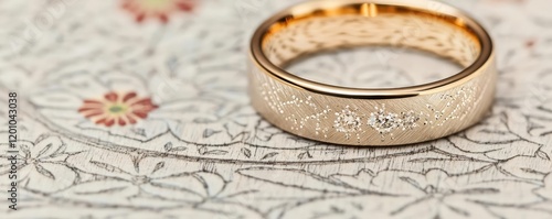 Wedding reception concept. Elegant gold ring with intricate details on decorative background.