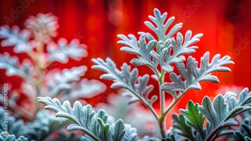 Dusty Miller Silverdust Plant Minimalist Photo - Bright Red Blurred Background photo