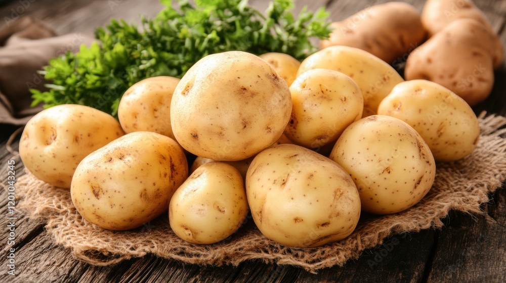 Fresh Raw Potatoes with Green Parsley on Wooden Table Surface Fresh Raw Potatoes with Green Parsley on Wooden Table Surface