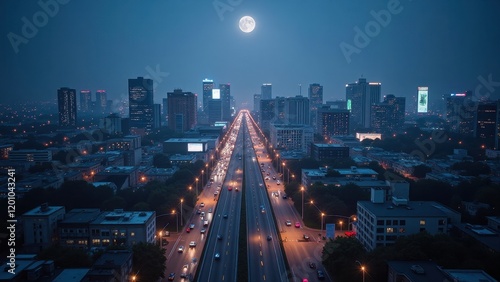 A serene aerial view captures a bustling two-lane highway stretching across the horizon, with cars smoothly flowing along each side, creating a rhythmic symphony of movement beneath an expansive sky photo