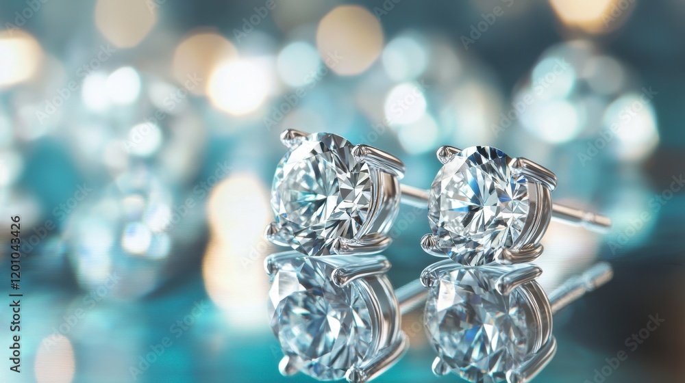 A pair of diamond stud earrings with a unique, modern twist, placed on a reflective surface, emphasizing their sparkle. A pair of diamond stud earrings with a unique, modern twist, placed on a reflective surface, emphasizing their sparkle.