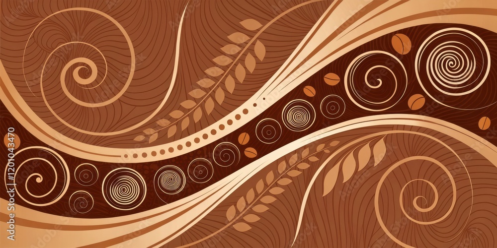Fototapeta premium Abstract Swirling Coffee Bean and Leaf Design with Elegant Brown Hues and Decorative Spirals