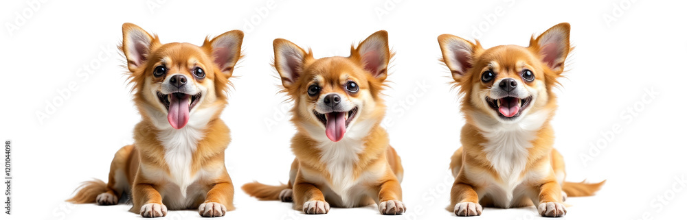 Three identical tan and white dogs with tongues out, transparent background Three identical tan and white dogs with tongues out, transparent background