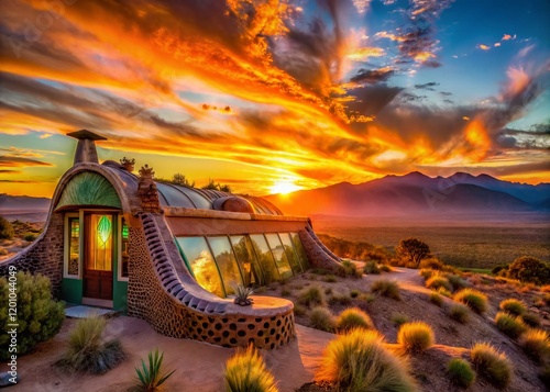 Earthship Home Sunset in Taos, New Mexico: Sustainable Eco-Friendly Architecture photo