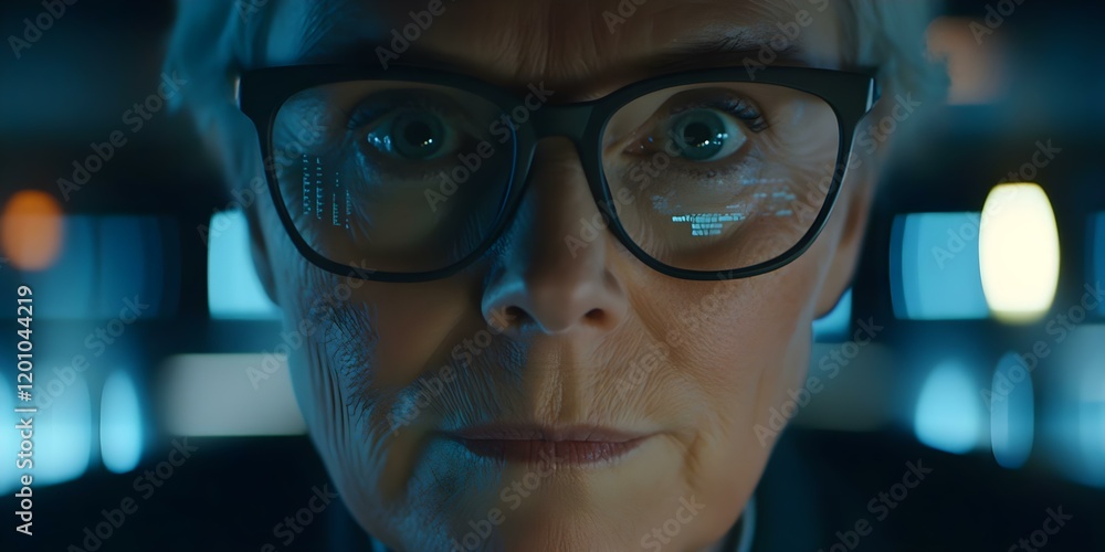 A close-up of a person with glasses, focused intently, with intricate blue reflections in their lenses and dramatic lighting. Concept Close-Up Photography, Intense Expression, Reflective Glasses A close-up of a person with glasses, focused intently, with intricate blue reflections in their lenses and dramatic lighting. Concept Close-Up Photography, Intense Expression, Reflective Glasses