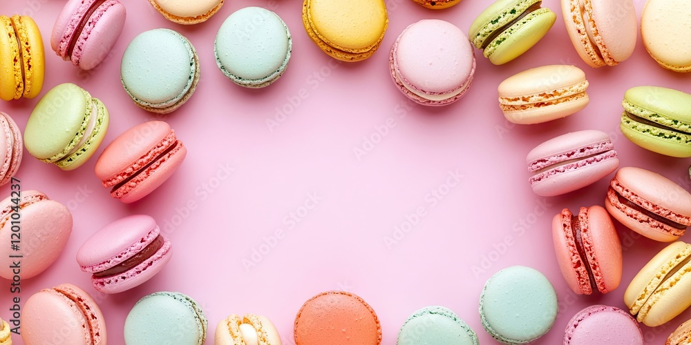 Obraz premium Colorful macaron assortment in pastel shades arranged in a circular pattern on a pink background creating a vibrant, inviting composition.