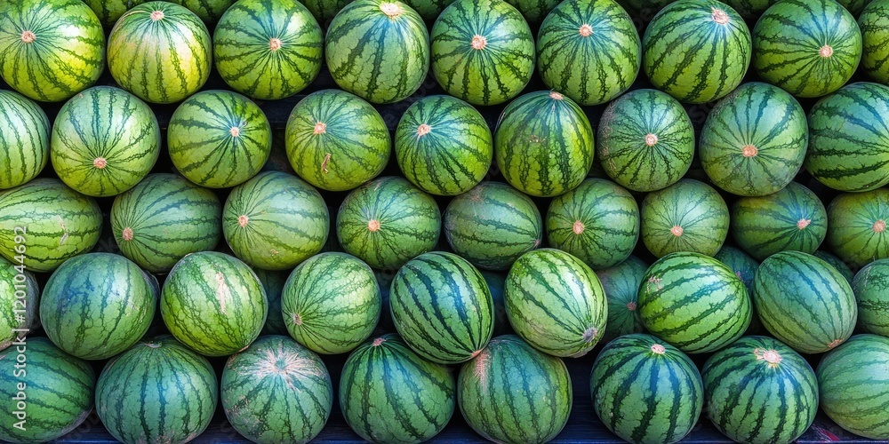 Lush green watermelons stacked in neat rows, showcasing vibrant striped patterns, creating a visually appealing summer fruit market display. Lush green watermelons stacked in neat rows, showcasing vibrant striped patterns, creating a visually appealing summer fruit market display.