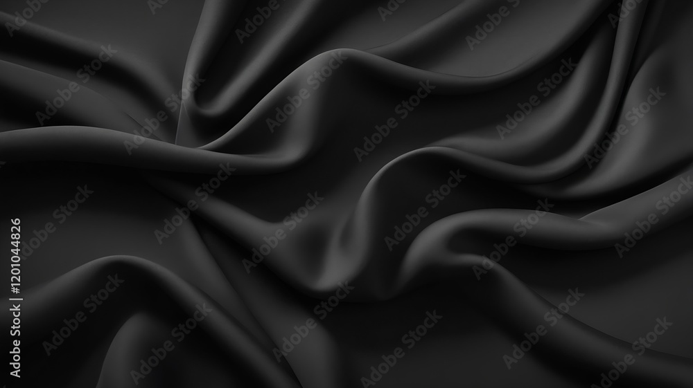 Luxurious black satin fabric with a smooth, rippled texture, perfect for fashion, drapery, or elegant decoration Luxurious black satin fabric with a smooth, rippled texture, perfect for fashion, drapery, or elegant decoration