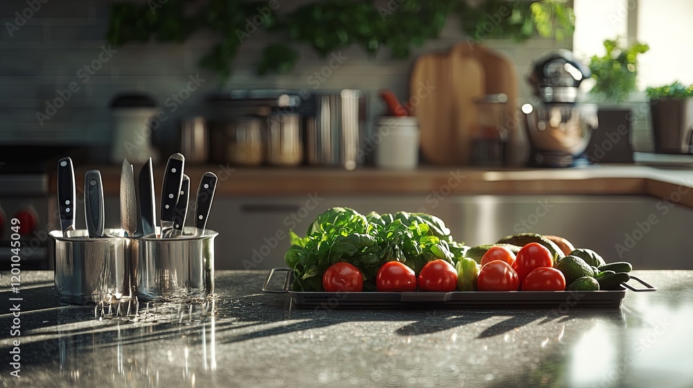 A sparkling modern culinary setup with knives, measuring spoons, and a tray of fresh produce A sparkling modern culinary setup with knives, measuring spoons, and a tray of fresh produce