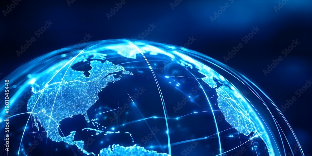 Fototapeta premium A digitally rendered globe with glowing blue lines representing connectivity and global networks. Concept Digital Globe, Connectivity Visualization, Global Networks, Blue Light Effects, 3D Rendering