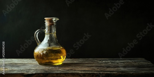 Rustic antique glass bottle cruet filled with extra virgin olive oil positioned on a weathered wooden surface against a dark background photo