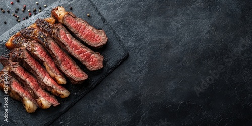 Sliced grilled tomahawk steak beautifully seasoned on a textured black slate surface with ample empty space on the right for text integration photo