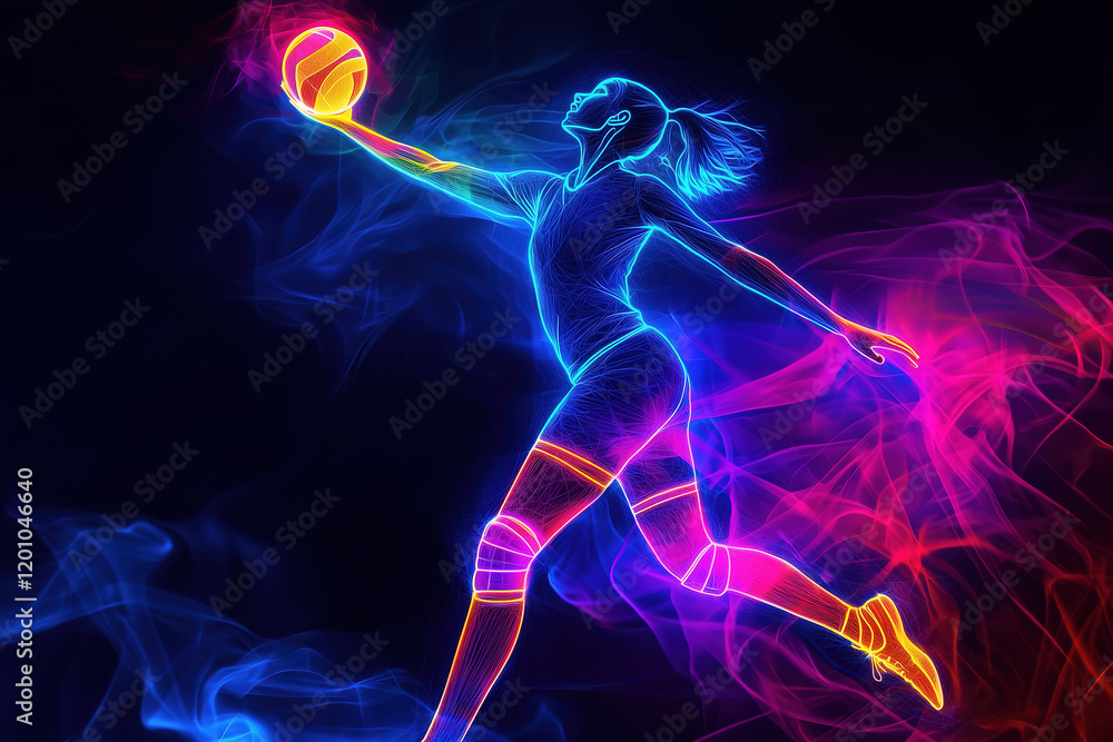 Colorful Neon Art of Volleyball Player in Dynamic Jump Action Colorful Neon Art of Volleyball Player in Dynamic Jump Action